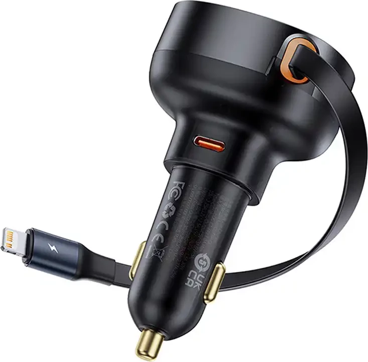 Avtomobilski polnilec Baseus Enjoyment Pro z vgrajenima kabloma Lightning in USB-C, 55W, črn