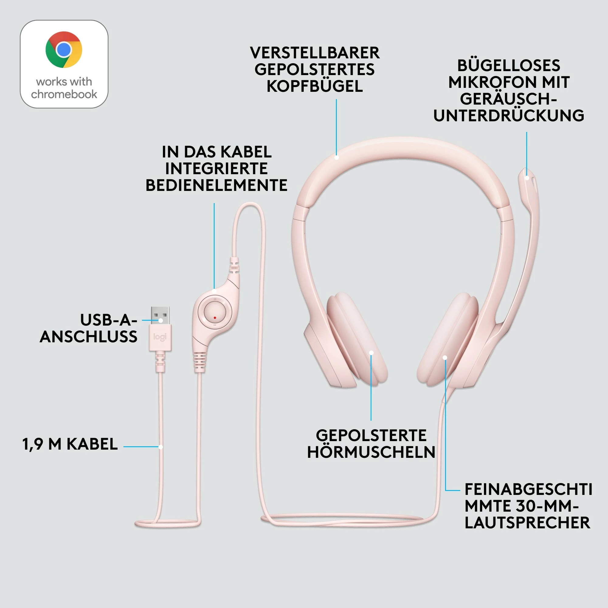 Kabelske slušalke z mikrofonom, Logitech H390, USB-A, roza