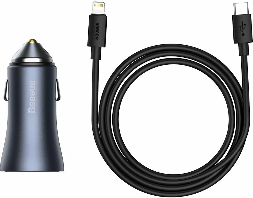 Avtopolnilec, 40 W, 2 vrata USB/USB-C, z USB-C na Lightning kablom, siv — Baseus Golden Contactor Pro