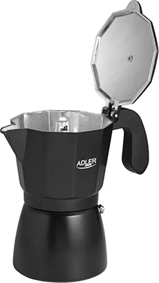 Moka kafetiera Adler AD 4421, 300 ml (do 6 skodelic), za električne/plinske/keramične/halogenske plošče, črna