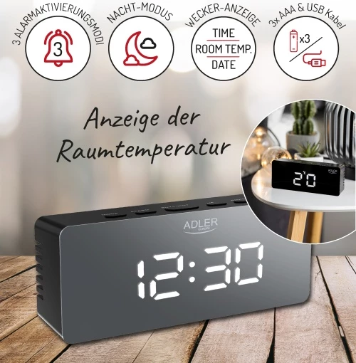 Alarmna ura Adler AD 1189, LED s prikazom temperature prostora, 3 načini alarma, USB + 3x AAA, črna