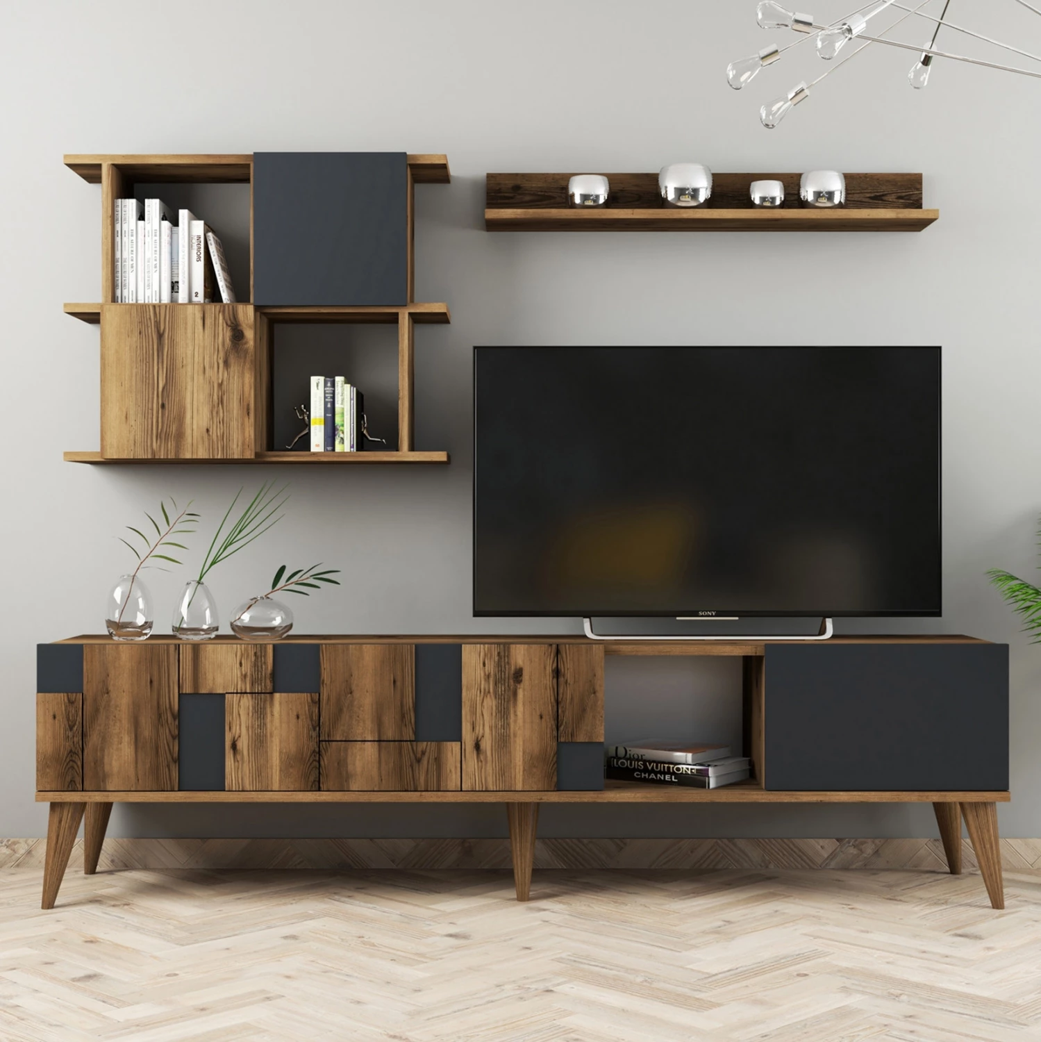 Kombinacija TV pohištva iz melamina v barvi oreha in ogleno sivi 180x33.8x48.6Hcm.FH9437.01
