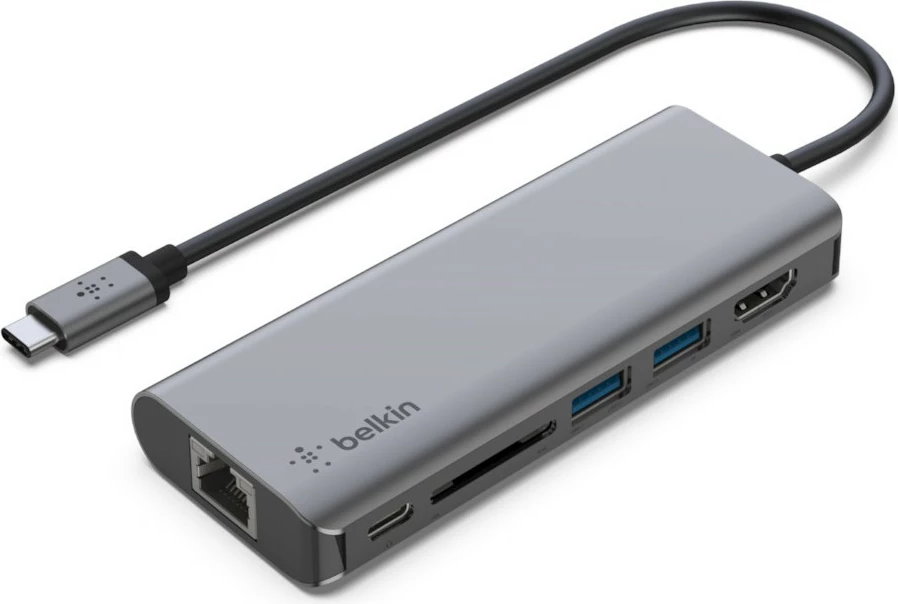 Večvratni adapter Belkin AVC008BTSGY, USB-C, 100W, HDMI, RJ-45, SD, 2x USB-A, 1x USB-C, črno/siv