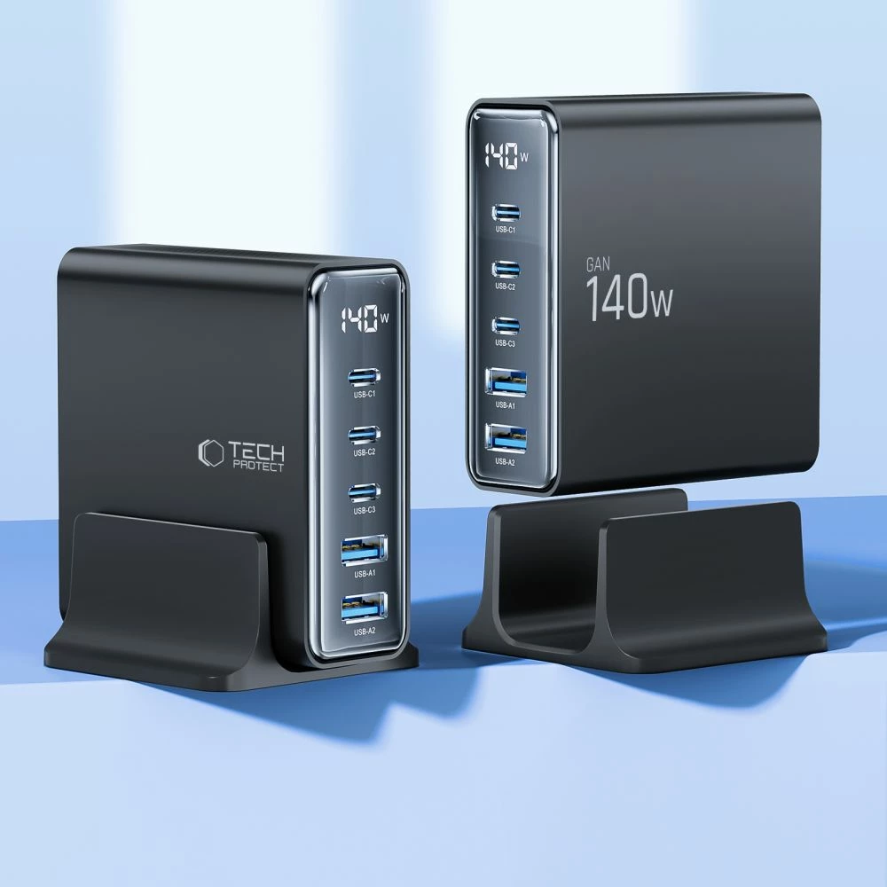 Polnilna postaja Tech-Protect DC140W-GAN, 5 vrat, GaN, črna