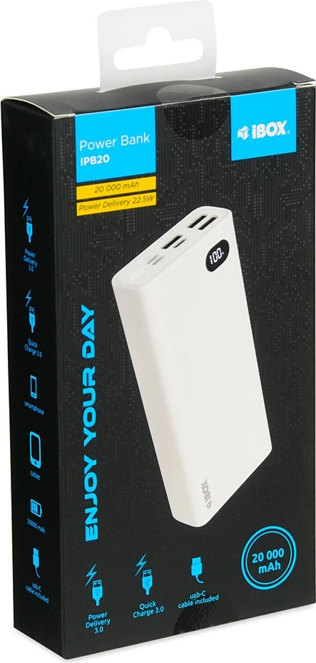 Prenosna baterija iBOX PB20, 20.000 mAh, bela