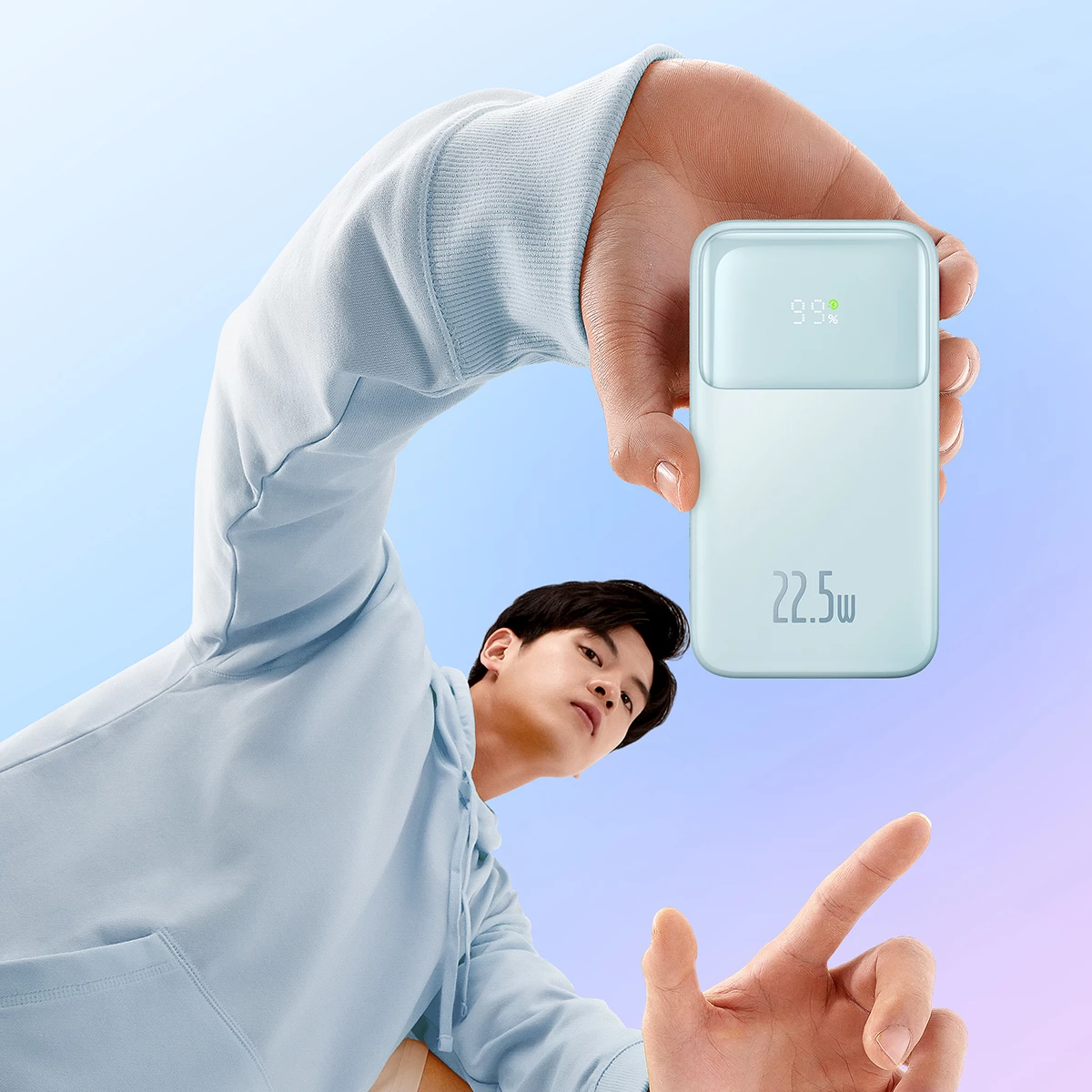 Powerbank, 10.000 mAh, 22,5 W, z zaslonom, USB-C/Lightning/USB-A, modra – Baseus Comet Series PPMD020003 + kabel USB-A na USB-C 0,3 m, bel