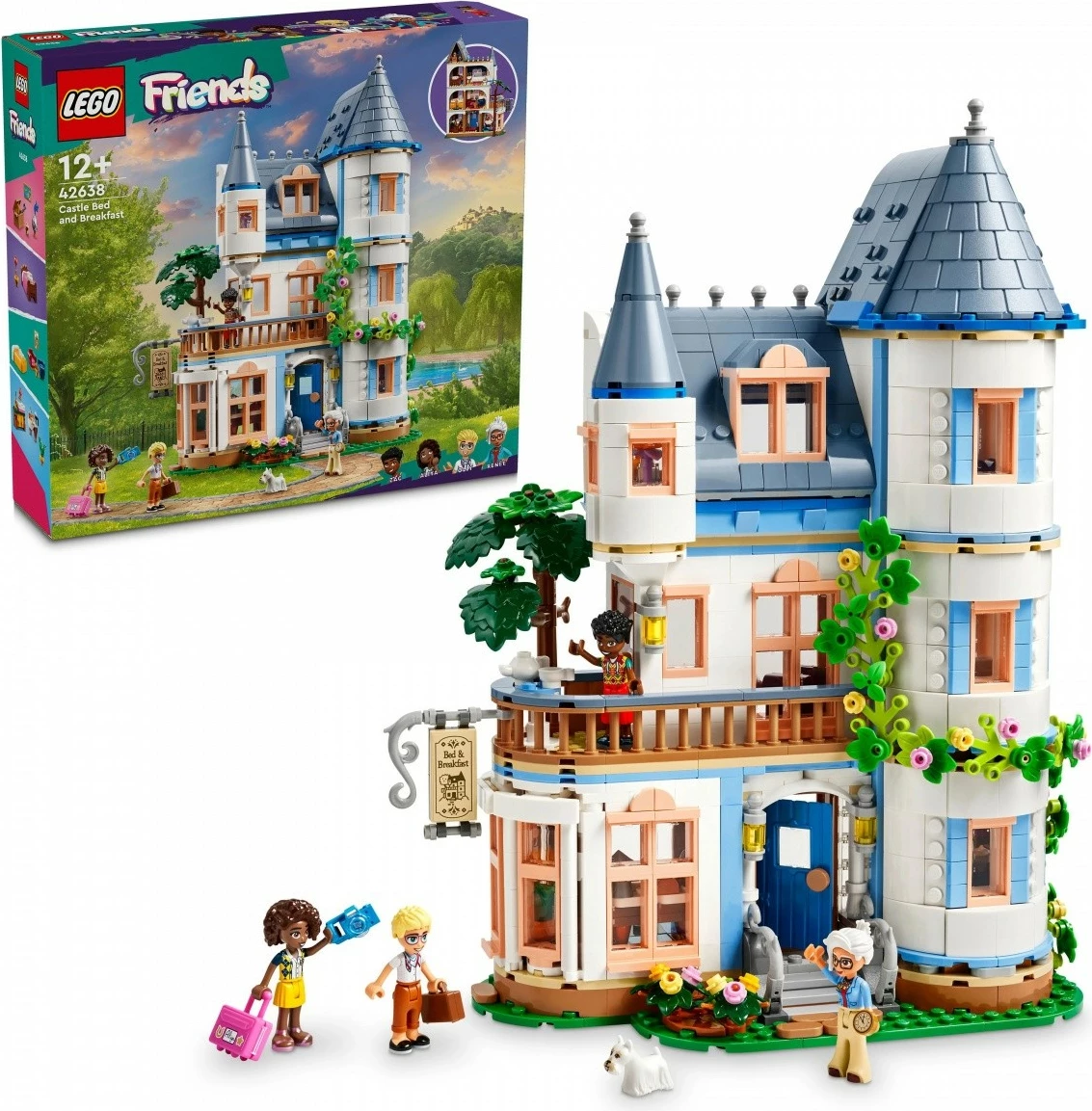 Gradna gostišča LEGO Friends Castle Inn 42638, 1311 kosov, za otroke 12+, s 4 mini-lutkami in psom, večbarvno