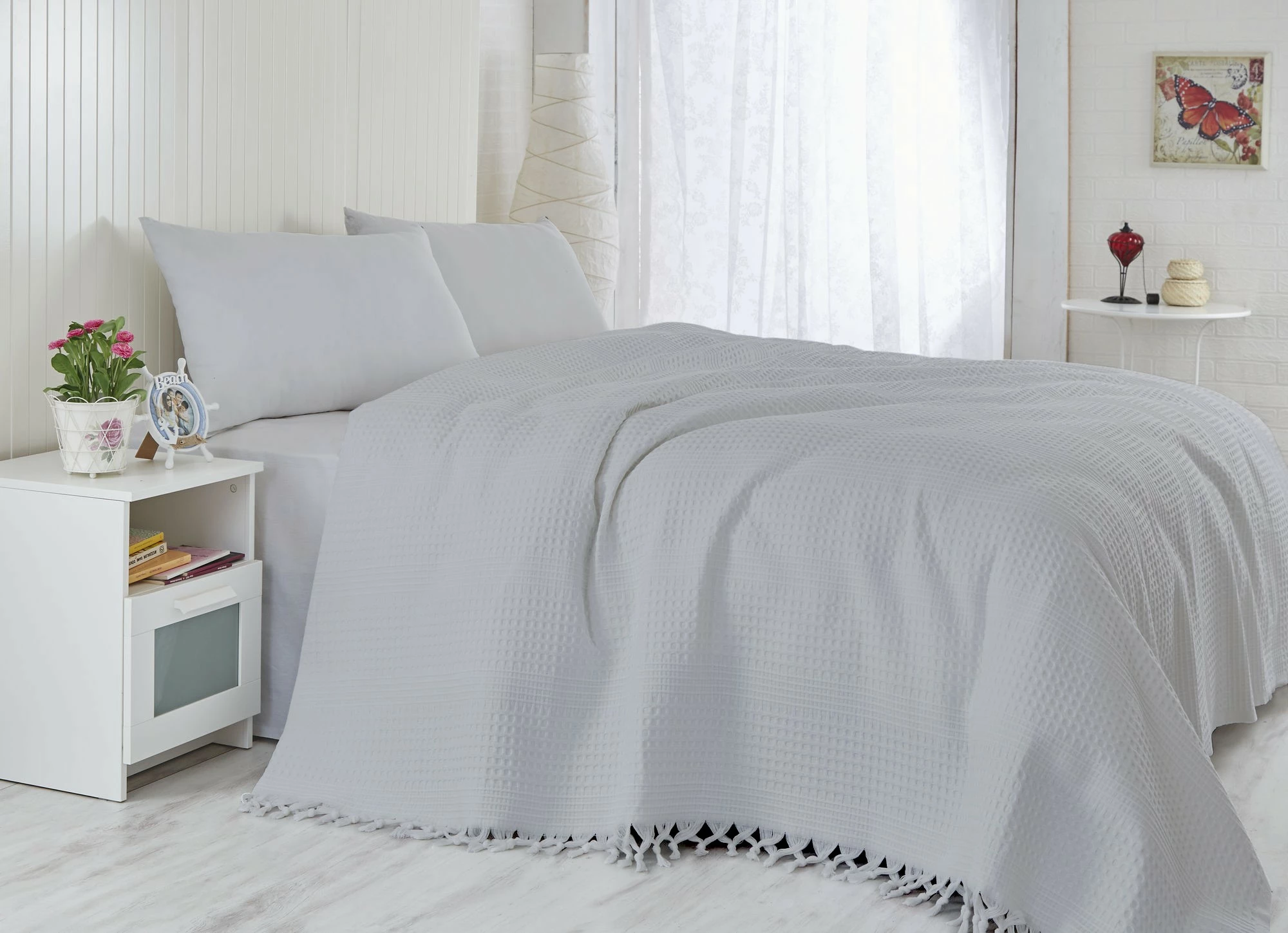 Rjuha Double Pique, svetlo siva, z ročno obdelanim robom, 220 x 240 cm