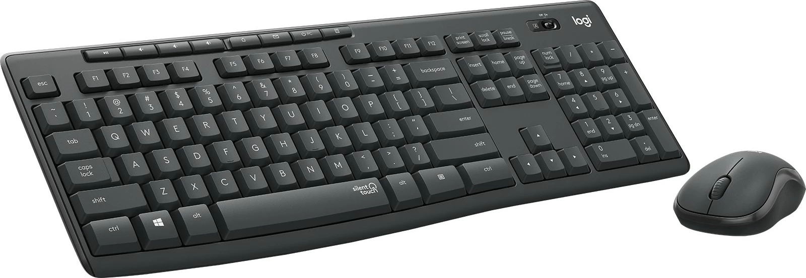 Tih komplet tipkovnice in miške Logitech MK295 Silent Wireless, polna velikost (100%), žična, USB, QWERTY, grafit, miška vključena
