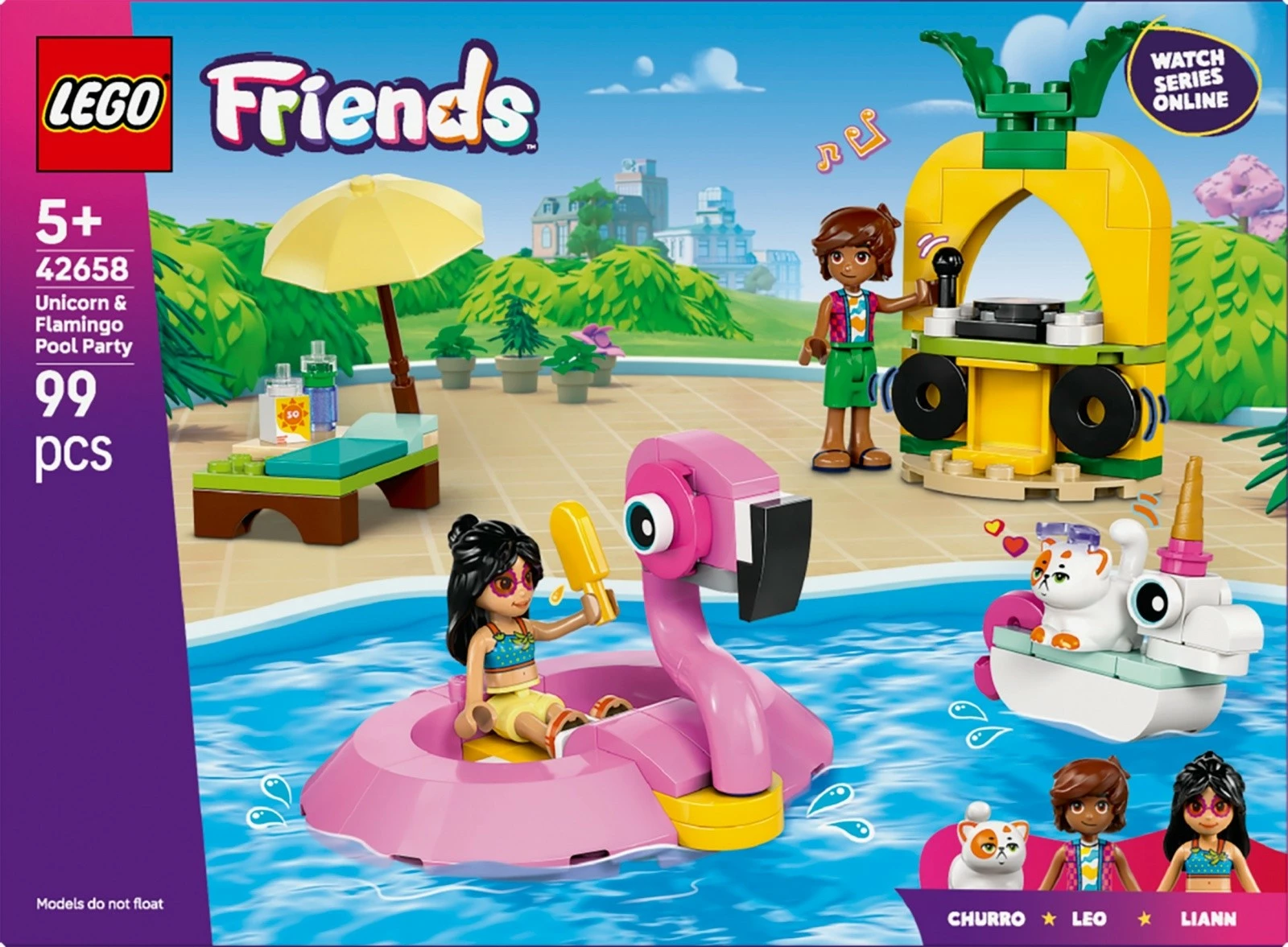 Zabava ob bazenu z enorogom in flamingom, komplet za gradnjo LEGO Friends 42658, 99 delov