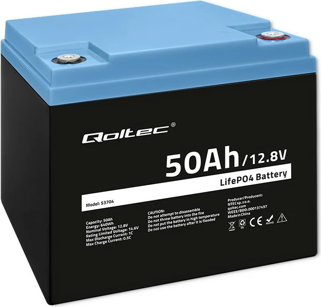 Polnilna baterija LiFePO4, Qoltec 53704, 12,8 V, 50 Ah, 640 Wh, z BMS