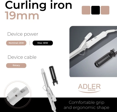 Kodralnik za lase Adler AD 2105, 19 mm, keramičen, 25 W, hitro PTC ogrevanje, z krtačo, bel/srebrn