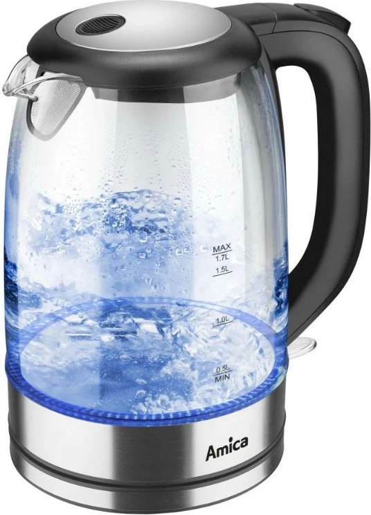 Električni grelnik vode iz borosilikatnega stekla Amica Glass Kettle KD2050G, 1,7 L, črno/prosojen