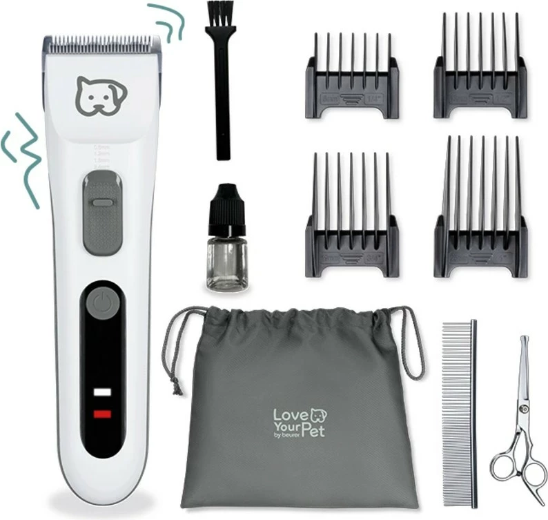 Strižnik za pse in mačke Beurer PP110, nastavitev 0,6–25 mm, rezilo iz nerjavečega jekla, Li-ion baterija 4 ure, za uporabo z ali brez kabla, komplet 9-delni, belo/siv