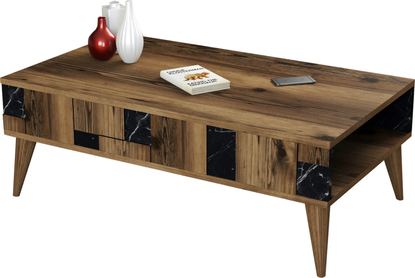 Klubska miza FH9504.02 iz melamina v videzu oreha in črnega marmorja 105x60x37,6 cm