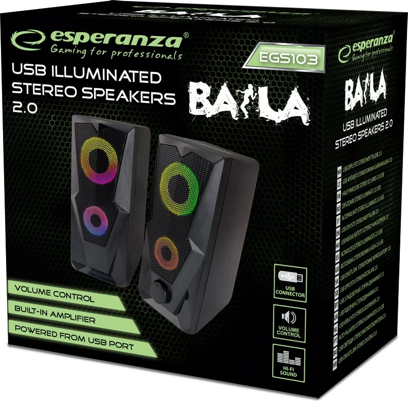 Zvočniki za računalnik Esperanza EGS103 z LED Rainbow, 6 W, črni
