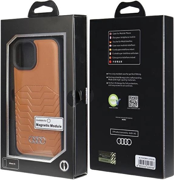Ovitek za telefon za iPhone 15/14/13, umetno usnje, MagSafe, rjav, Audi