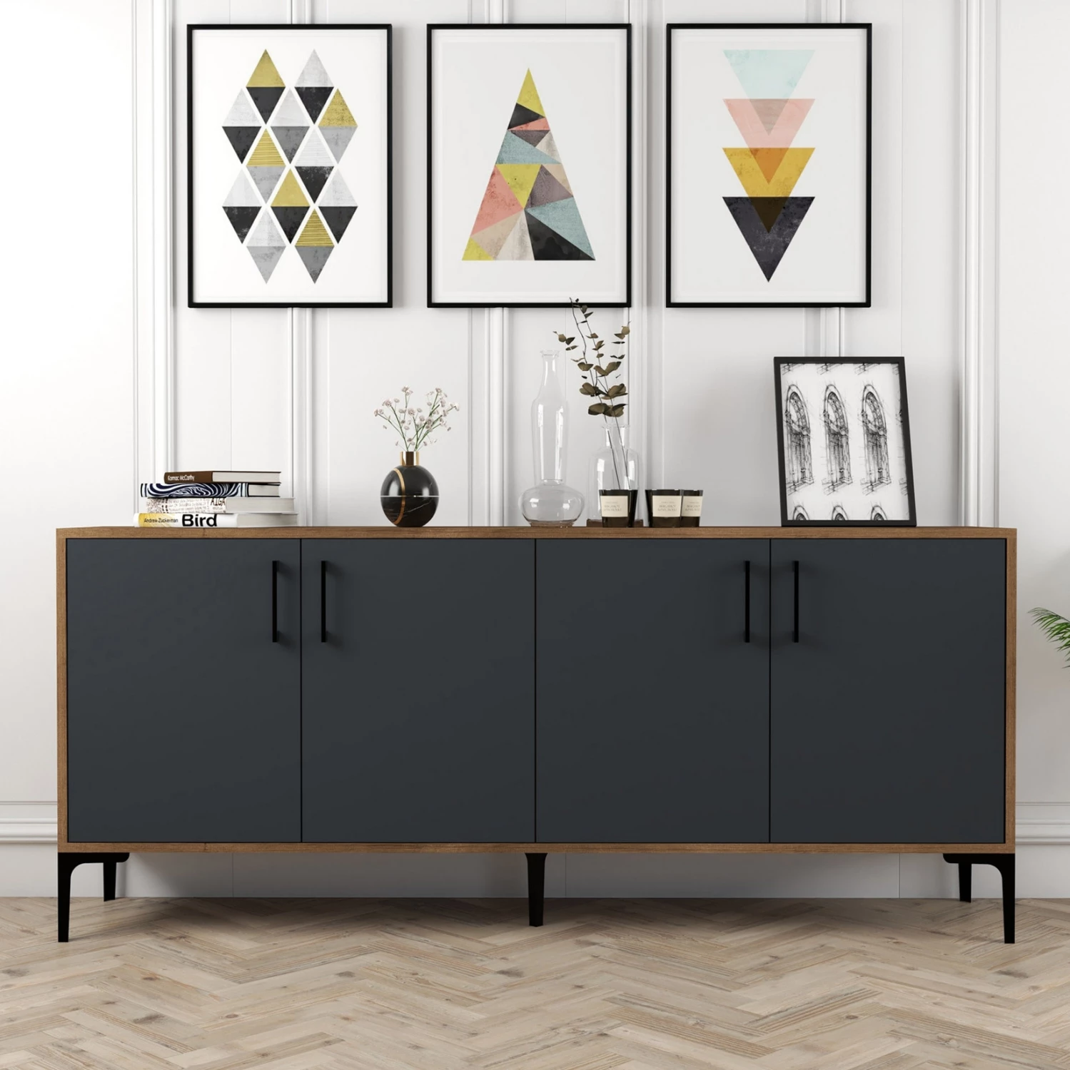 Bufet iz melamina v barvi oreha z vrati v ogleno sivi barvi 180x35x78H cm FH9428.01