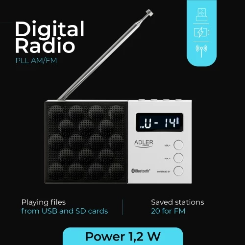 Digitalni radio PLL AM/FM, Adler AD 1908, Bluetooth 5.0, USB/SD, 20 postaj, zaslon LCD, 1,2 W, baterija 800 mAh, bela in črna