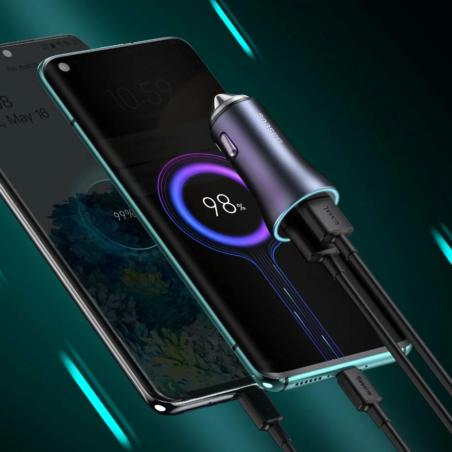 Avtopolnilec, 40 W, 2 vrata USB/USB-C, z USB-C na Lightning kablom, siv — Baseus Golden Contactor Pro