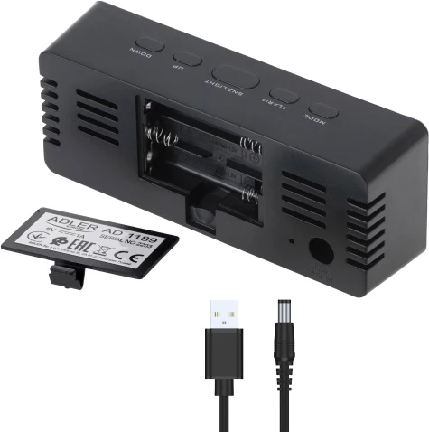 Alarmna ura Adler AD 1189, LED s prikazom temperature prostora, 3 načini alarma, USB + 3x AAA, črna