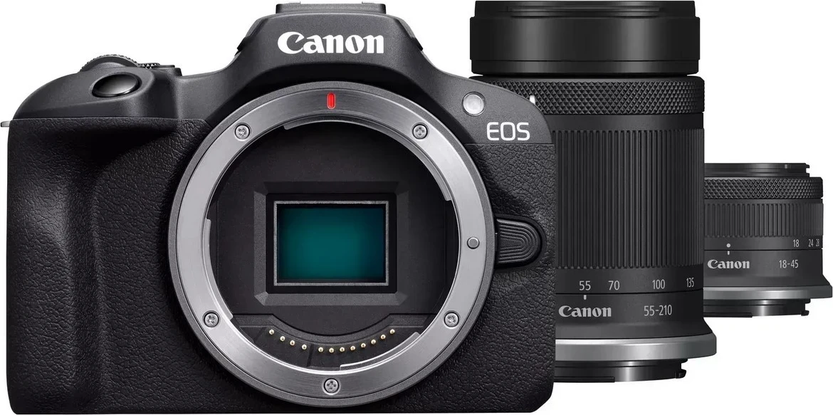 Fotoaparat Canon EOS R100 s kit objektivoma RF-S 18-45mm IS STM in RF-S 55-210mm IS STM, črn