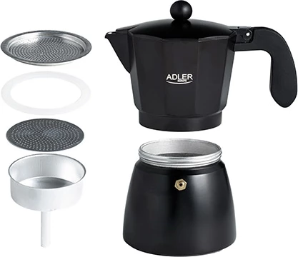Moka kafetiera Adler AD 4421, 300 ml (do 6 skodelic), za električne/plinske/keramične/halogenske plošče, črna
