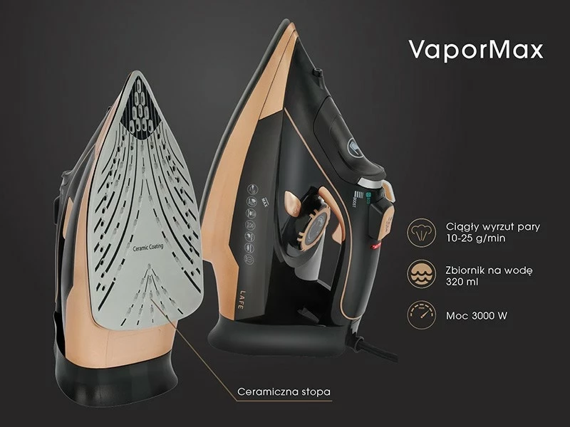 Parni likalnik 3000 W s keramično ploščo, črno-zlato Lafe VaporMax