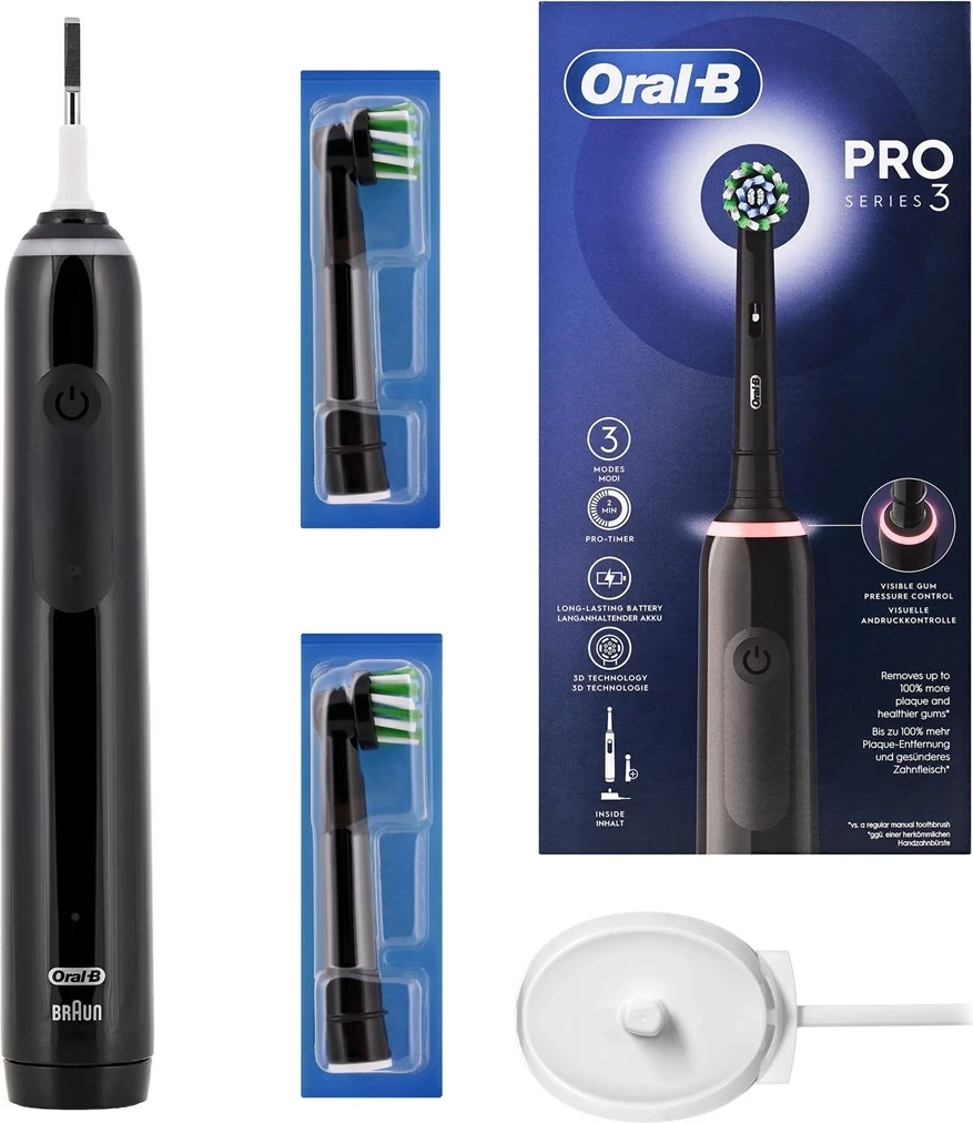 Električna zobna ščetka Pro 3 Pro3 3000, Braun Oral-B, za odrasle, črna, z 2 glavi