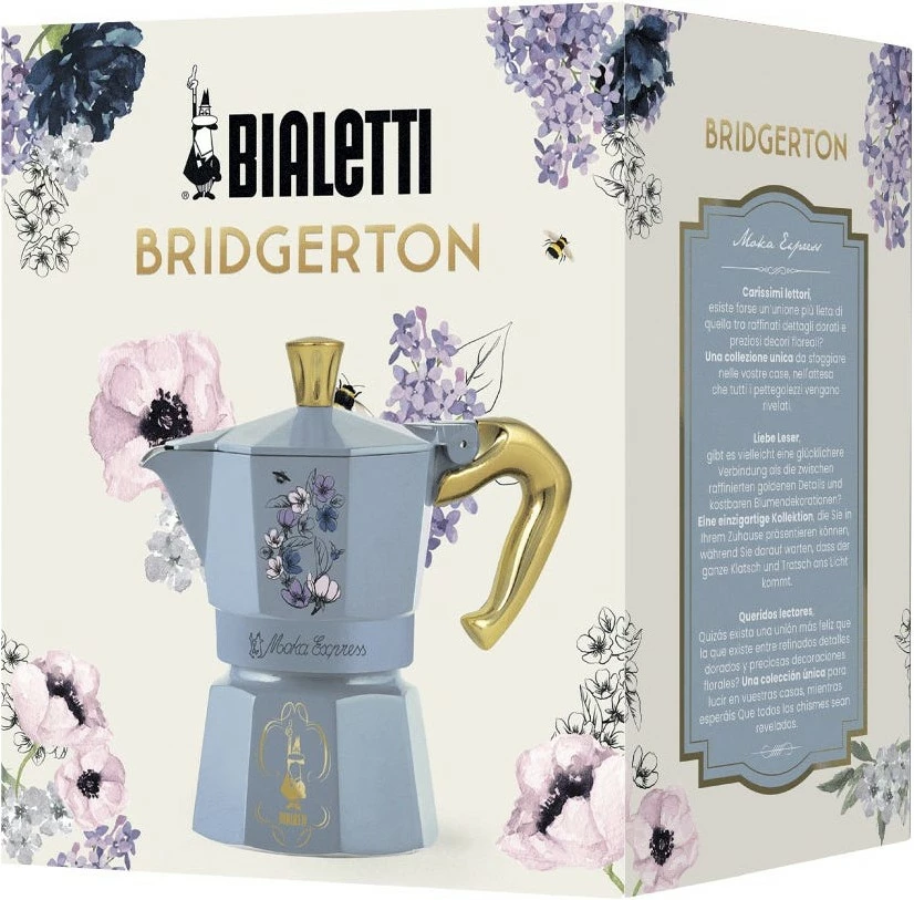 Moka kuhalnik Moka Express, Bialetti Bridgerton, 3 skodelice, aluminij, termoplastični ročaj, črna/modra/zlata/vijolična/rumena