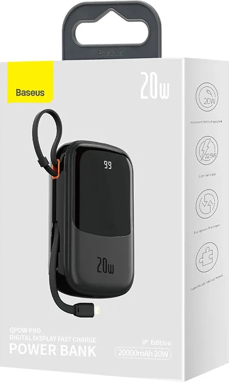 Powerbank 20.000 mAh, 20W, s kablom Lightning, USB-C in USB, črn - Baseus Qpow PRO