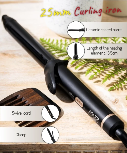 Kodralnik za lase, keramičen 25 mm, Adler AD 2115, 45 W, črn z zlatimi elementi