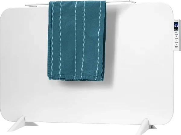 Infrardeči električni panelni grelnik 450 W, MPM MUG-24, termostat, timer, zaslon, daljinski upravljalnik in aplikacija Tuya, montaža na steno ali na stojalo, držalo za brisače, bel