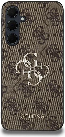 Ovitek z velikim metalnim logotipom 4G Guess za Samsung Galaxy A35, rjav