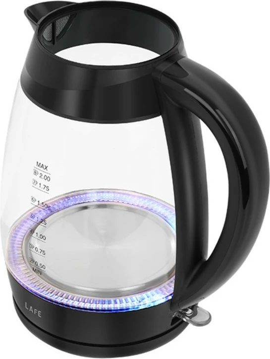 Kuhalo za vodo, električno, 2 L, 2200 W, stekleno, osvetljen merilec nivoja, filter usedlin, vrtljiva podlaga — Lafe Essential XL LAFCZA47573, črno/prozorno