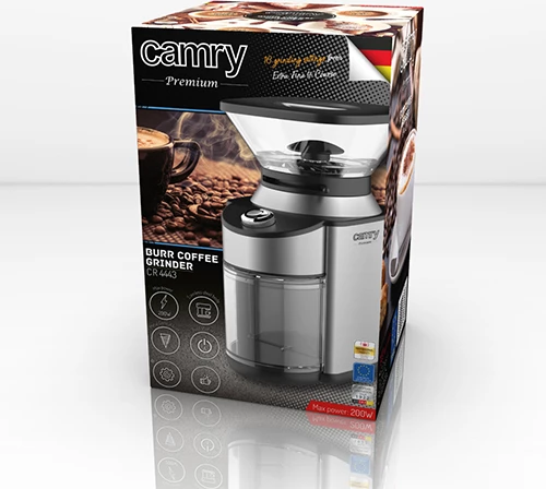 Mlinček za kavo s koničnim brusnim mehanizmom, Camry CR 4443, 200 W, 16 stopenj mletja, posoda 230 g, nerjaveče jeklo, srebrno/črn