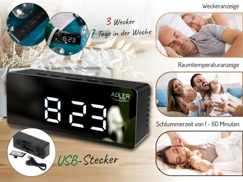 Alarmna ura Adler AD 1189, LED s prikazom temperature prostora, 3 načini alarma, USB + 3x AAA, črna