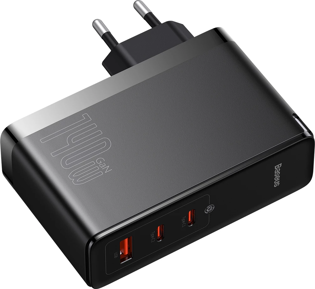 Hiter polnilec Baseus GaN5 Pro, 140 W, 2x USB-C + USB-A, EU, črn