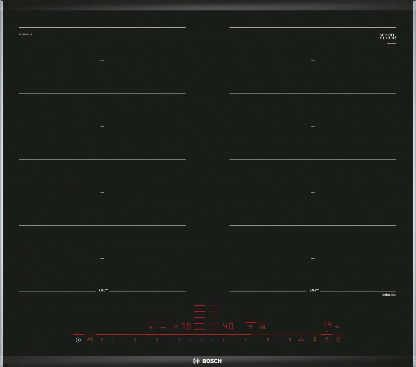 Indukcijska kuhalna plošča, Bosch PXX675DC1E, 4 FlexInduction območja, 60 cm, na dotik, PerfectFry, PowerBoost, črna