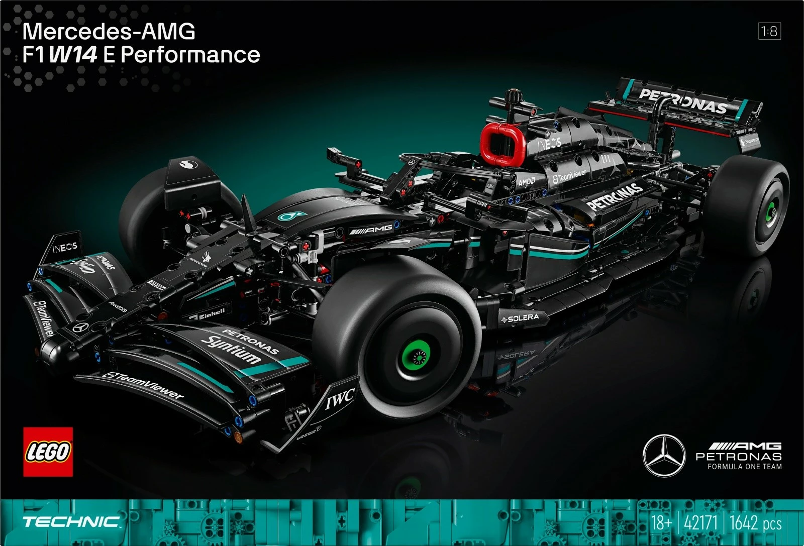 Model dirkalnika Mercedes-AMG F1 W14 E Performance, set gradnje LEGO Technic, 1642 delov, črn
