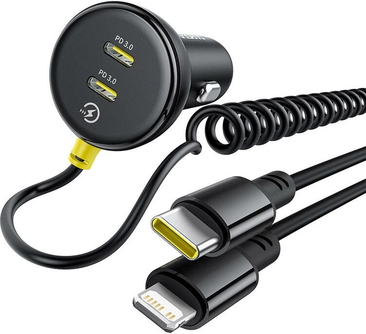 Avtomobilski polnilnik 60W z USB-C in Lightning kablom Baseus, črn