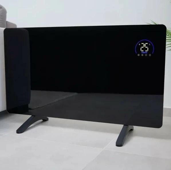 Infrardeči panelni grelec iz stekla, MPM MUG-23, 600 W, Wi‑Fi Tuya, daljinski upravljalnik, LED zaslon, za montažo na steno ali z nogami, črn