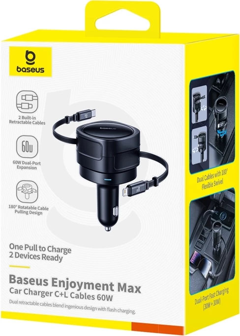 Polnilec za avto z integriranima kabloma USB-C in Lightning, 60W, Baseus C00035507121-00, črn