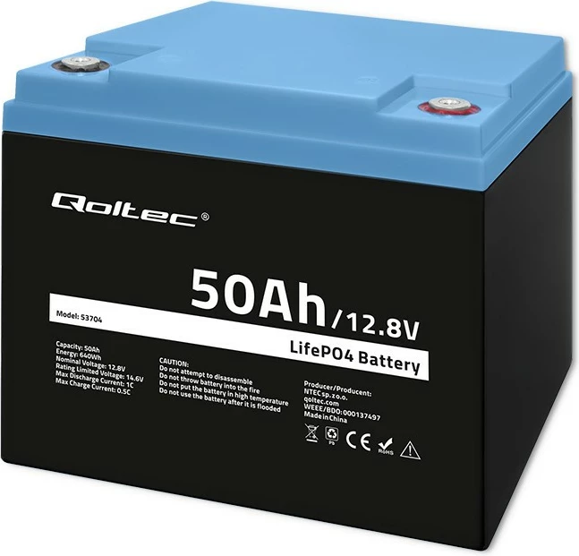 Polnilna baterija LiFePO4, Qoltec 53704, 12,8 V, 50 Ah, 640 Wh, z BMS