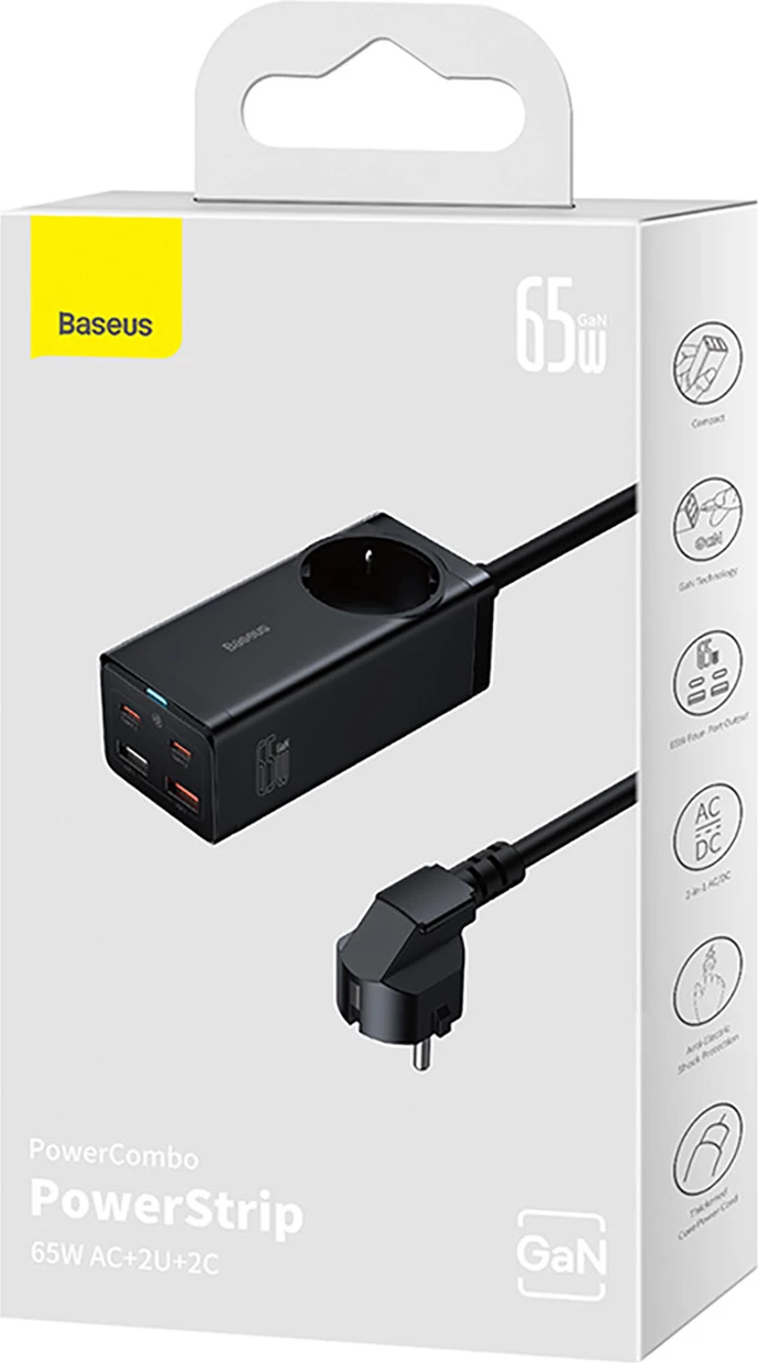 Stojalo za polnjenje Baseus GaN3 Pro 65W z 2x USB-C, 2x USB-A in 1 m USB-C kablom 100W, črno
