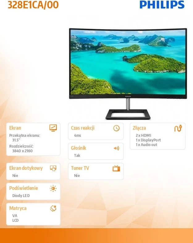 Ukrivljen monitor 31,5'', 4K, VA, Philips 328E1CA/00, črn