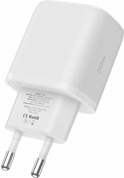 Stenski polnilec z USB-C PD 20W in USB-A QC 3.0 ter USB-C na Lightning kablom, Tech-Protect C20W, bel