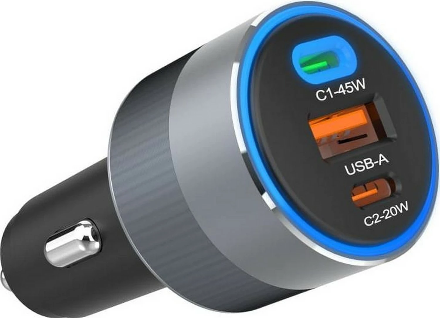 Avtomobilski polnilec, Forcell F-ENERGY Alu, 2x USB-C + USB-A, PD QC4.0 SFC2.0, 65W, sive barve