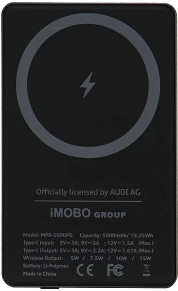 Powerbank z velikim logotipom Audi MagSafe, 5000 mAh, kovinski, siv