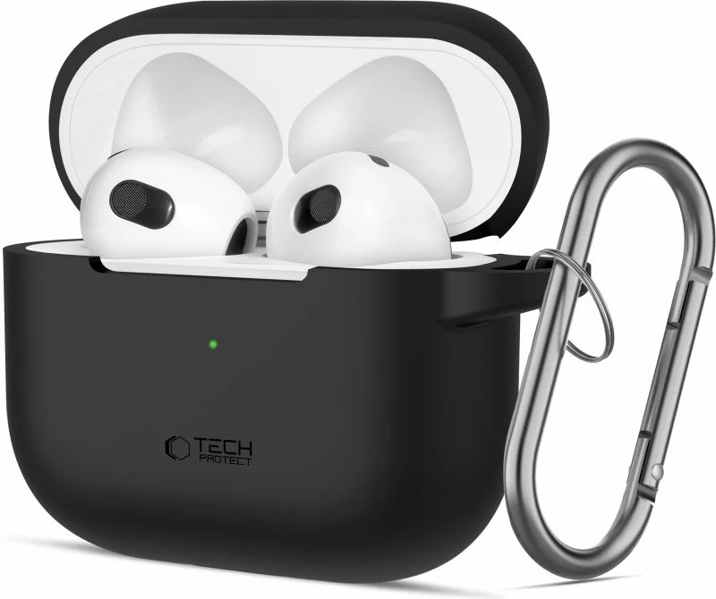 Ovitek iz silikona za AirPods 3, s karabinerjem, črn, Tech-Protect